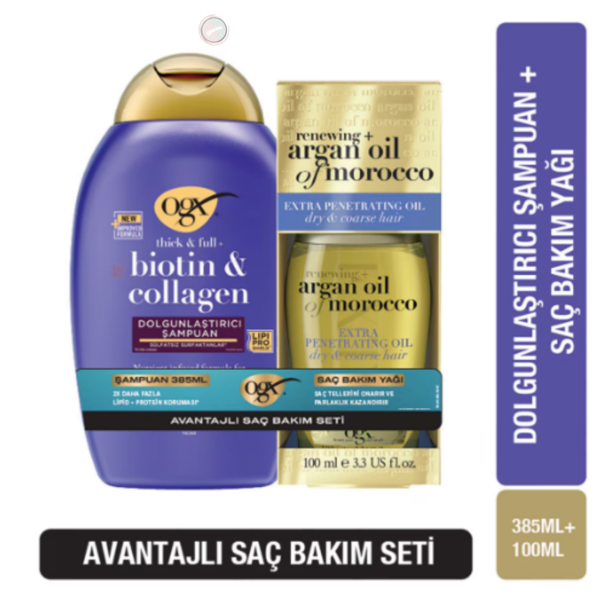 OGX Biotin Collagen Şampuan 385 ml + Argan Oil Saç Bakım Yağı 100 ml