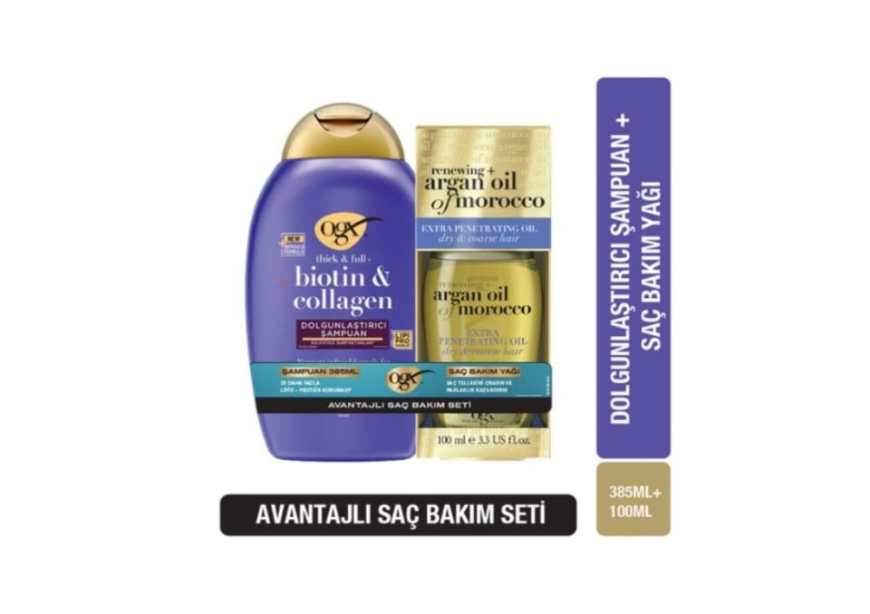 OGX Biotin Collagen Şampuan 385 ml + Argan Oil Saç Bakım Yağı 100 ml