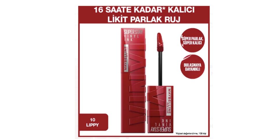 Maybelline Super Stay Vinyl Ink - Likit Parlak Ruj No 10 Lippy