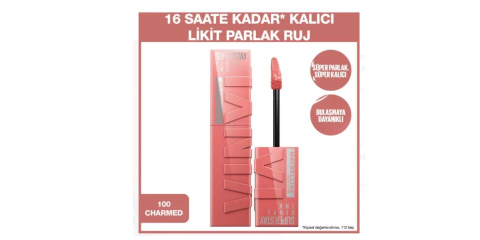 Maybelline Super Stay Vinyl Ink - Likit Parlak Ruj No 100 Charmed