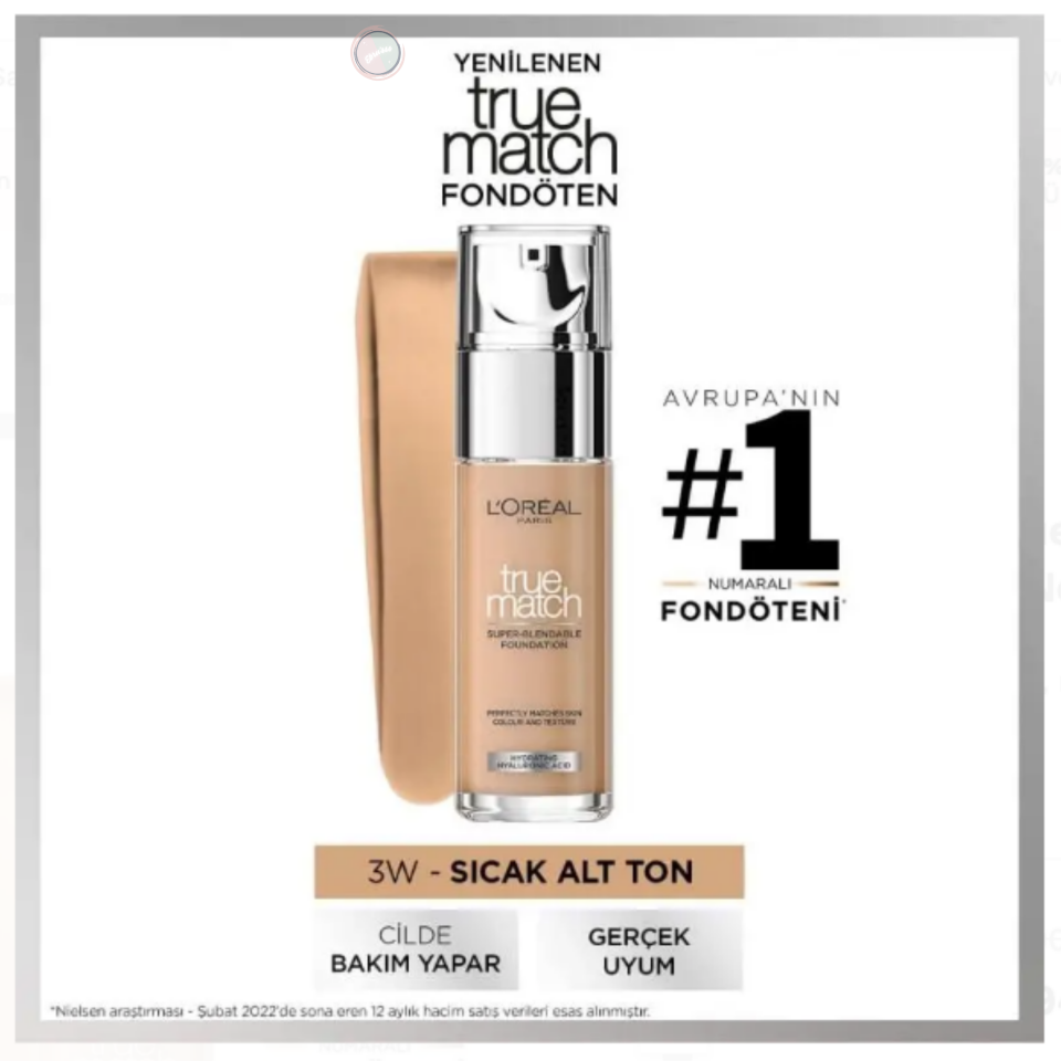 L'Oréal Paris True Match Bakım Yapan Fondöten - 3W Sıcak Alt Ton